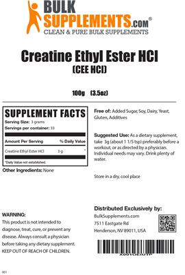 Photo of the BulkSupplements.com Creatine Ethyl Ester HCL label