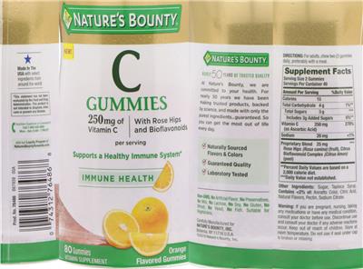 Photo of the Nature's Bounty C Gummies 250 mg Orange Flavored Gummies label