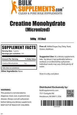 Photo of the BulkSupplements.com Creatine Monohydrate label