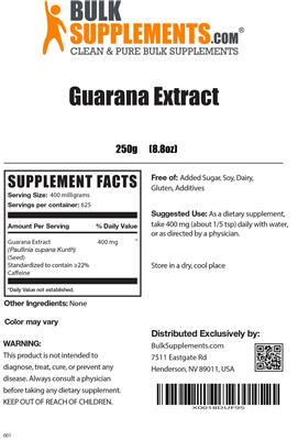 Photo of the BulkSupplements.com Guarana Extract label