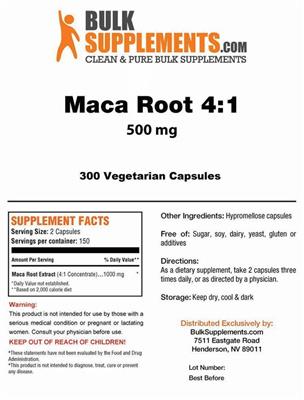 Photo of the BulkSupplements.com Maca Root 4:1 500 mg label