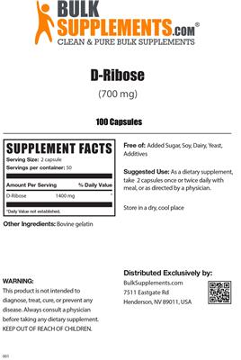 Photo of the BulkSupplements.com D-Ribose (700 mg) label