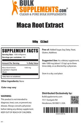 Photo of the BulkSupplements.com Maca Root Extract label