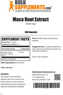 Photo of the BulkSupplements.com Maca Root Extract (500 mg) label