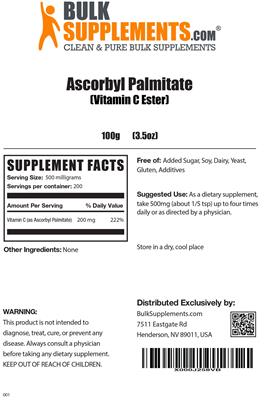 Photo of the BulkSupplements.com Ascorbyl Palmitate (Vitamin C Ester) label