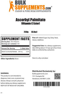 Photo of the BulkSupplements.com Ascorbyl Palmitate (Vitamin C Ester) label