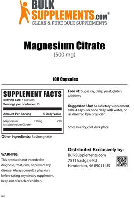 Photo of the BulkSupplements.com Magnesium Citrate (500 mg) label