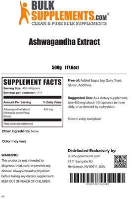 Photo of the BulkSupplements.com Ashwagandha Extract label