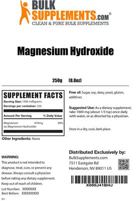 Photo of the BulkSupplements.com Magnesium Hydroxide label