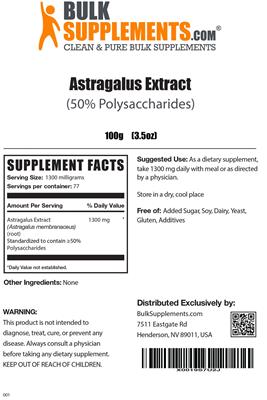 Photo of the BulkSupplements.com Astragalus Extract (50% Polysaccharides) label