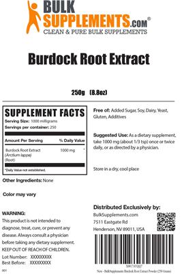 Photo of the BulkSupplements.com Burdock Root Extract label