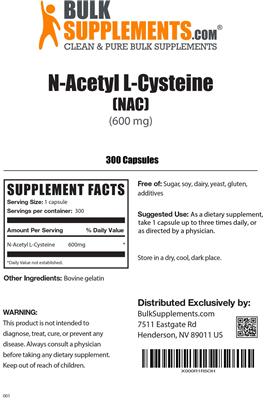 Photo of the BulkSupplements.com N-Acetyl L-Cysteine (600 mg) label