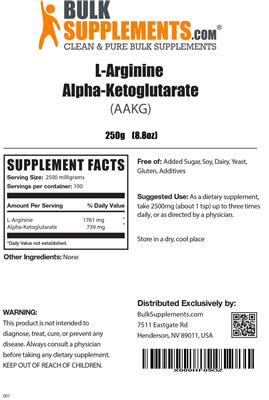 Photo of the BulkSupplements.com L-Arginine Alpha-Ketoglutarate label