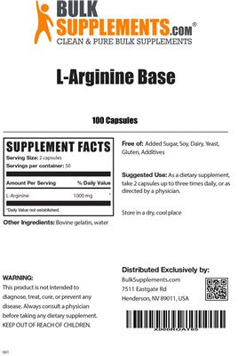 Photo of the BulkSupplements.com L-Arginine Base label