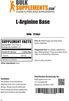 Photo of the BulkSupplements.com L-Arginine Base label