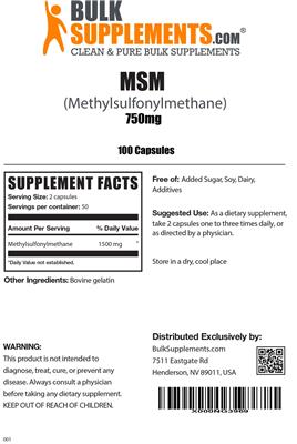 Photo of the BulkSupplements.com MSM 750 mg label