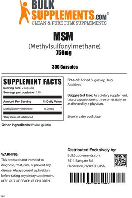 Photo of the BulkSupplements.com MSM 750 mg label