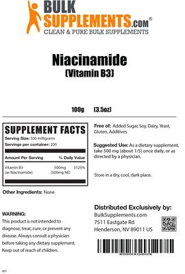 Photo of the BulkSupplements.com Niacinamide (Vitamin B3) label