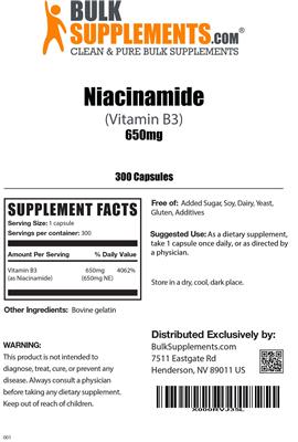 Photo of the BulkSupplements.com Niacinamide 650 mg label