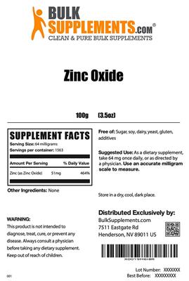 Photo of the BulkSupplements.com Zinc Oxide label