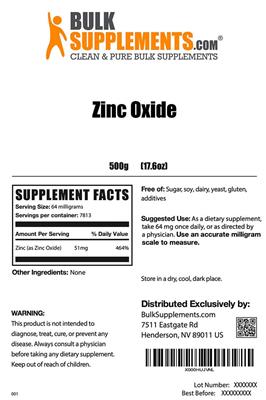 Photo of the BulkSupplements.com Zinc Oxide label