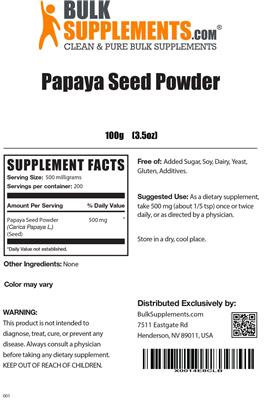 Photo of the BulkSupplements.com Papaya Seed Powder label