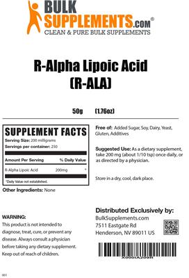 Photo of the BulkSupplements.com R-Alpha Lipoic Acid label