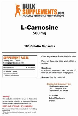 Photo of the BulkSupplements.com L-Carnosine 500 mg label