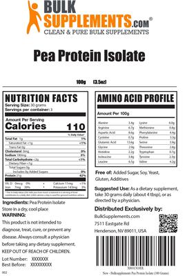 Photo of the BulkSupplements.com Pea Protein Isolate label