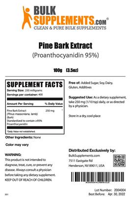 Photo of the BulkSupplements.com Pine Bark Extract (Proanthocyanidin 95%) label