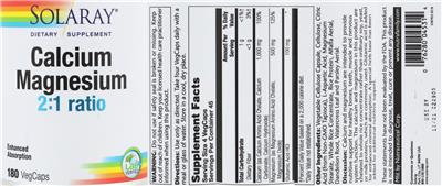 Photo of the Solaray Calcium Magnesium 2:1 Ratio label