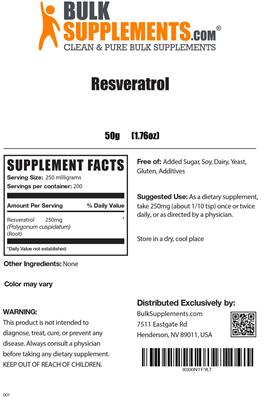 Product label for Resveratrol