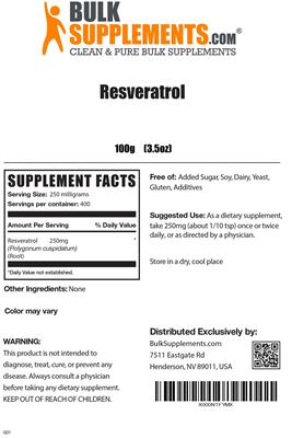 Photo of the BulkSupplements.com Resveratrol label