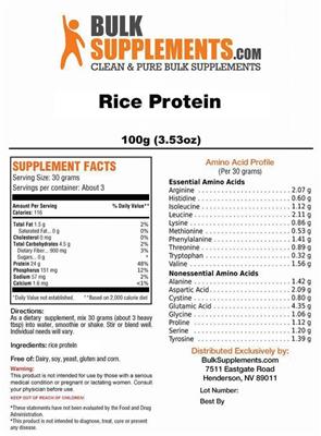 Photo of the BulkSupplements.com Rice Protein label