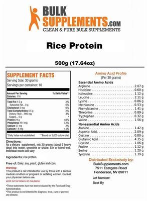 Photo of the BulkSupplements.com Rice Protein label