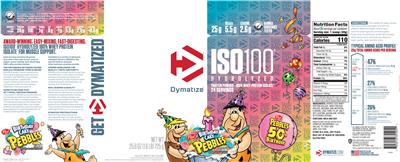 Photo of the Dymatize ISO100 Birthday Cake Pebbles Flavor label