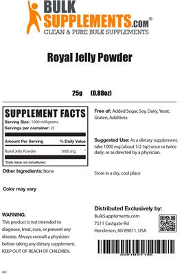 Photo of the BulkSupplements.com Royal Jelly Powder label