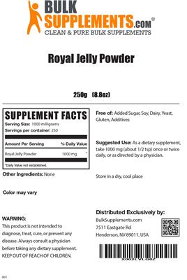 Photo of the BulkSupplements.com Royal Jelly Powder label