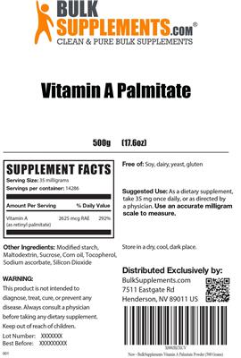 Photo of the BulkSupplements.com Vitamin A Palmitate label