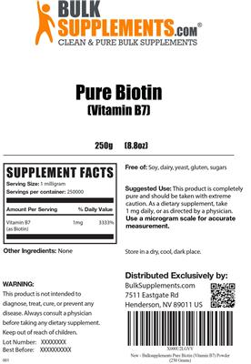 Photo of the BulkSupplements.com Pure Biotin (Vitamin B7) label