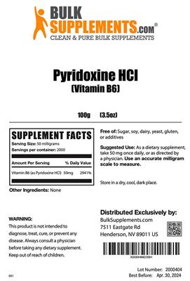 Photo of the BulkSupplements.com Pyridoxine HCL (Vitamin B6) label