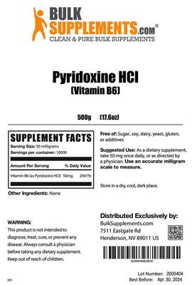 Photo of the BulkSupplements.com Pyridoxine HCL (Vitamin B6) label