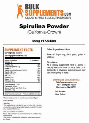 Photo of the BulkSupplements.com Spirulina Powder (California-Grown) label