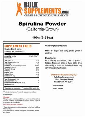 Photo of the BulkSupplements.com Spirulina Powder (California-Grown) label