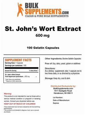 Photo of the BulkSupplements.com St. John's Wort Extract 600 mg label