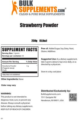 Photo of the BulkSupplements.com Strawberry Powder label