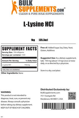 Photo of the BulkSupplements.com L-Lysine HCL label