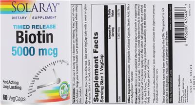 Photo of the Solaray Biotin 5000 mcg Timed Release label