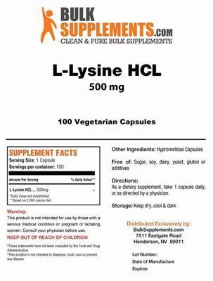 Photo of the BulkSupplements.com L-Lysine HCL 500 mg label