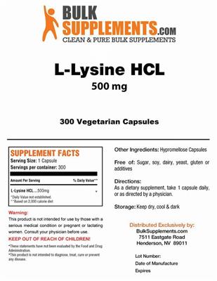 Photo of the BulkSupplements.com L-Lysine HCL 500 mg label